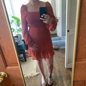 Burnt Orange Floral Midi Dress with Sheer Long Sleeves